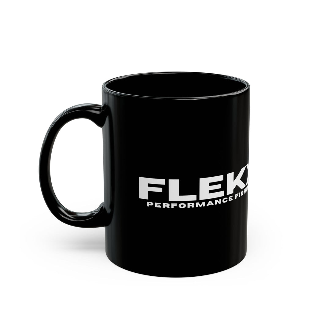 Glossy black ceramic coffee mug with a C-shaped handle on the left, bold white FLEKX lettering and PERFORMANCE FISHING wrapping around the side, on a plain white background. FlekX Performance Fishing coffee mug.
