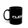 Glossy black ceramic coffee mug with a C-shaped handle on the left, bold white FLEKX lettering and PERFORMANCE FISHING wrapping around the side, on a plain white background. FlekX Performance Fishing coffee mug.