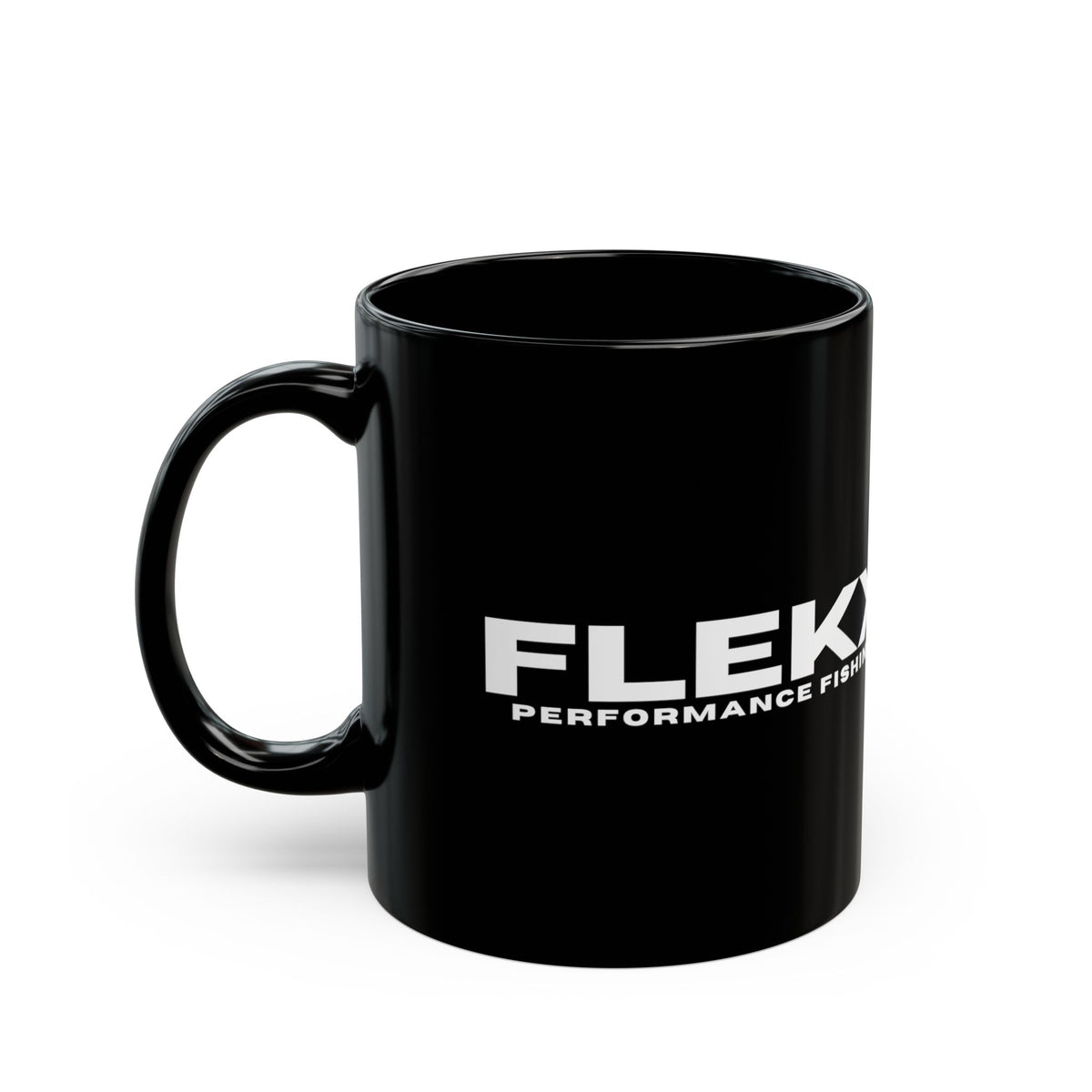 Glossy black ceramic coffee mug with a C-shaped handle on the left, bold white FLEKX lettering and PERFORMANCE FISHING wrapping around the side, on a plain white background. FlekX Performance Fishing coffee mug.