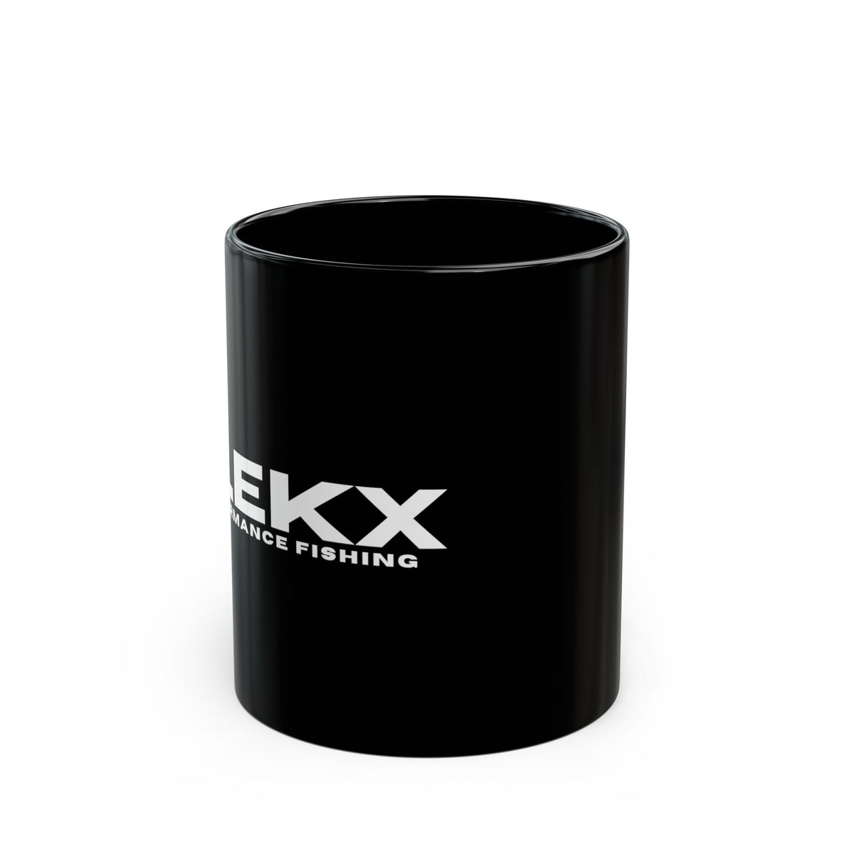 Glossy black ceramic coffee mug shown from the front with no handle visible, the white FLEKX Performance Fishing logo wrapping around the mug, on a plain white background. FlekX Performance Fishing coffee mug.