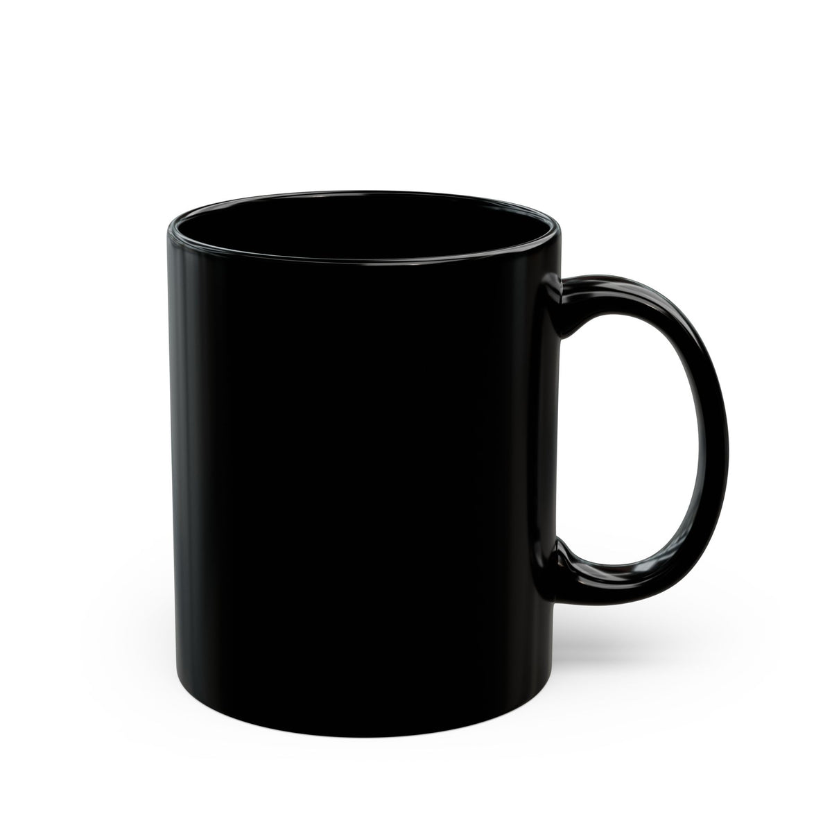 Back side of a glossy black ceramic coffee mug with a C-shaped handle on the right and no logo showing, solid black on a plain white background. FlekX Performance Fishing coffee mug.